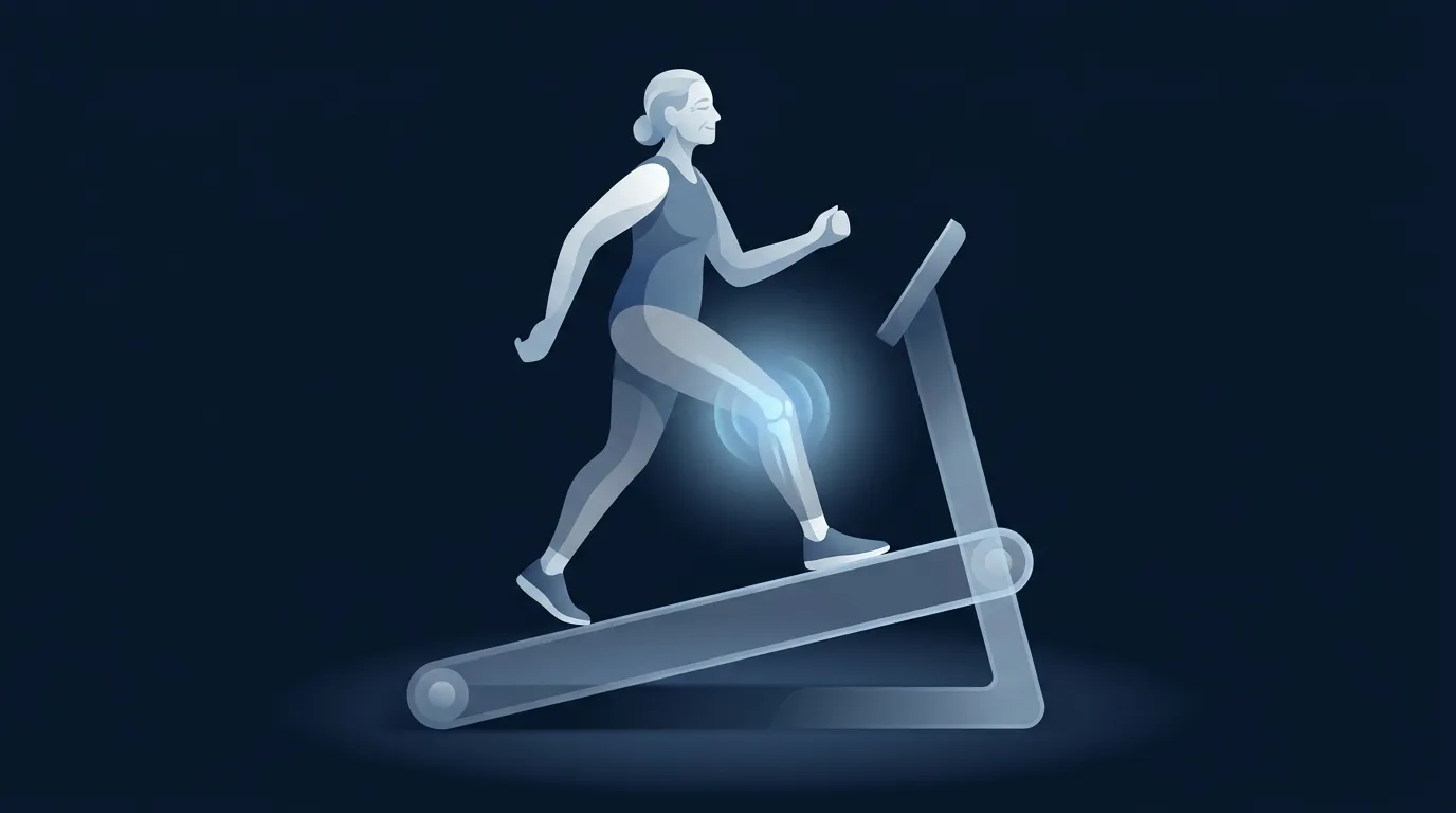 Conceptual illustration of an older adult walking on an inclined treadmill with abstract highlights suggesting reduced medial knee compartment load during uphill walking