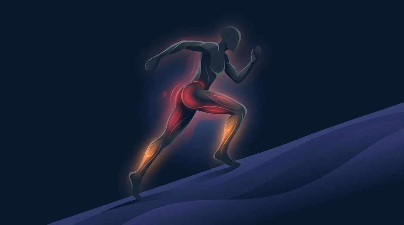 Abstract conceptual visualization of the posterior chain muscles activated during uphill walking with glowing highlights along the glutes and hamstrings against a clean editorial background