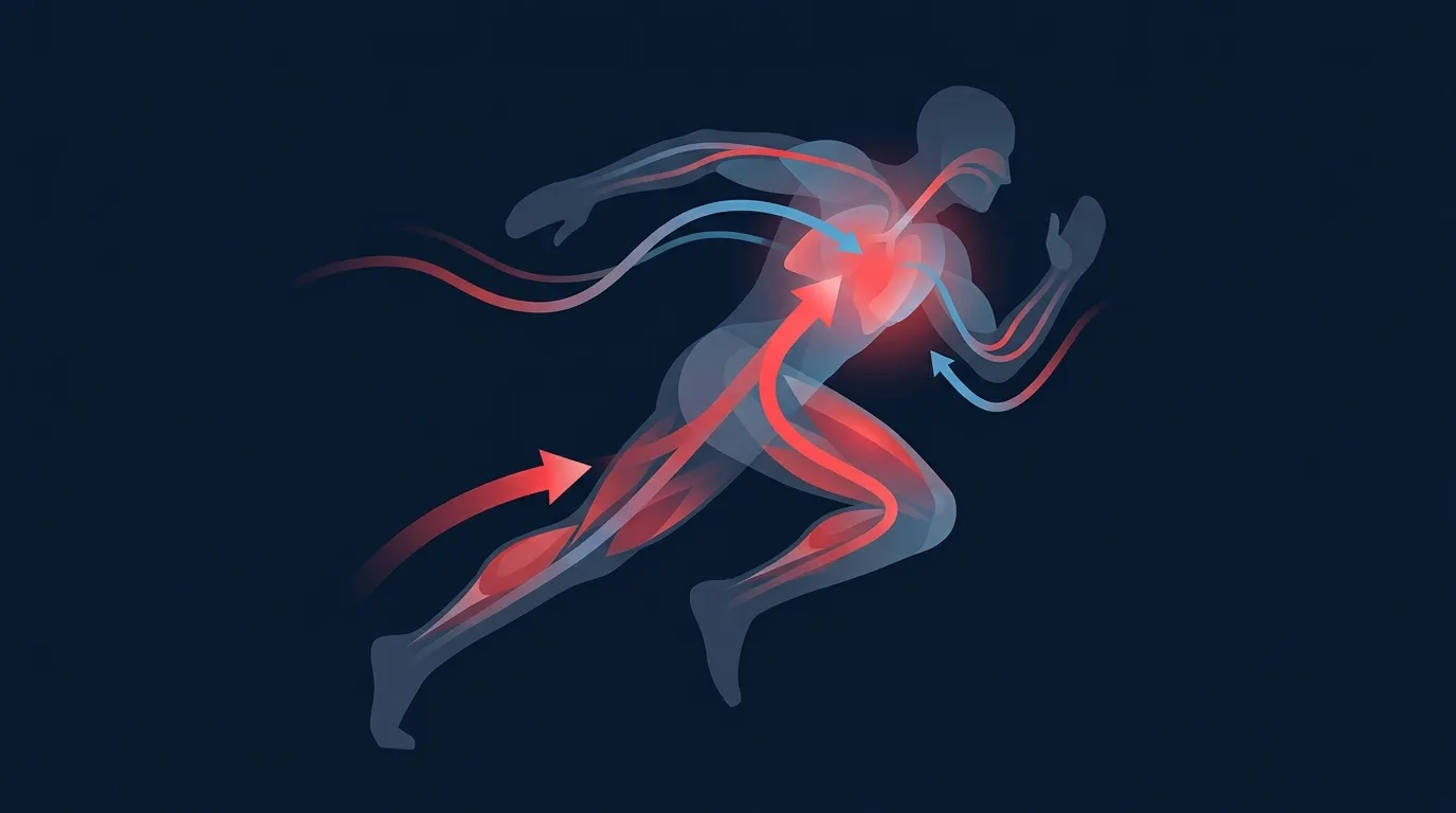 Conceptual illustration showing blood flow redirection between respiratory muscles and limb muscles during heavy breathing