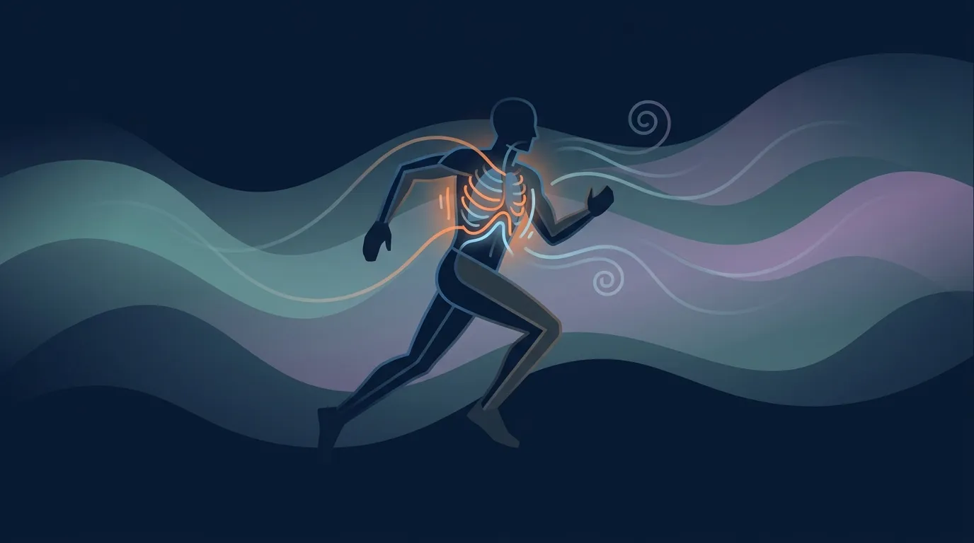 Conceptual illustration of an endurance athlete with abstract lines suggesting deep breathing and respiratory muscle training