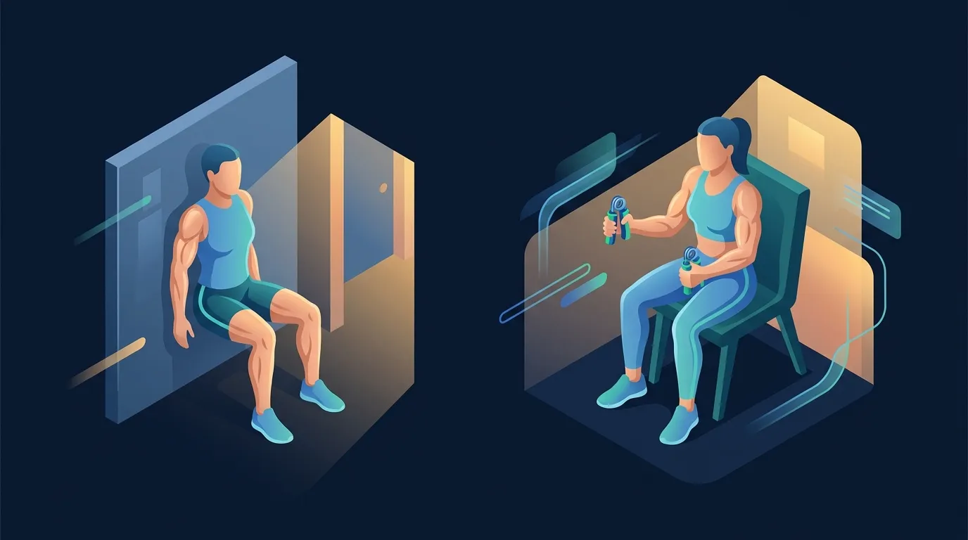Conceptual illustration of a person doing a home wall sit and handgrip hold as part of an isometric exercise routine