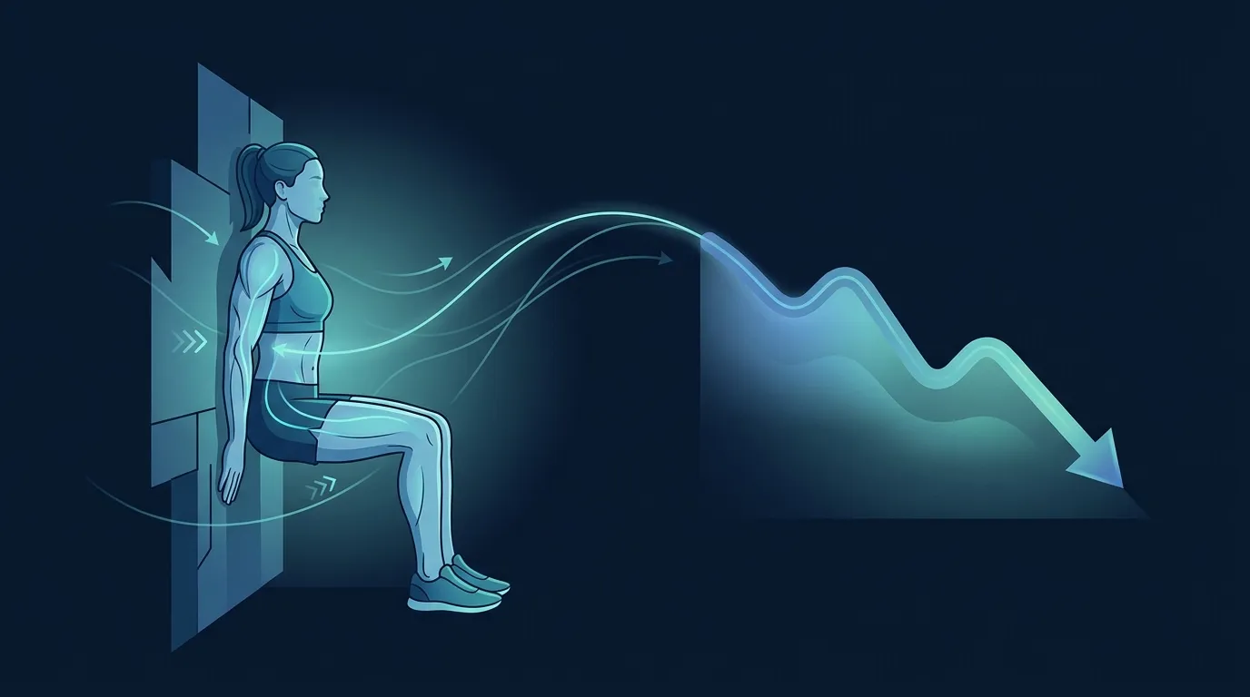 Conceptual illustration of a person holding a wall sit position with stylized lines suggesting blood pressure reduction over time