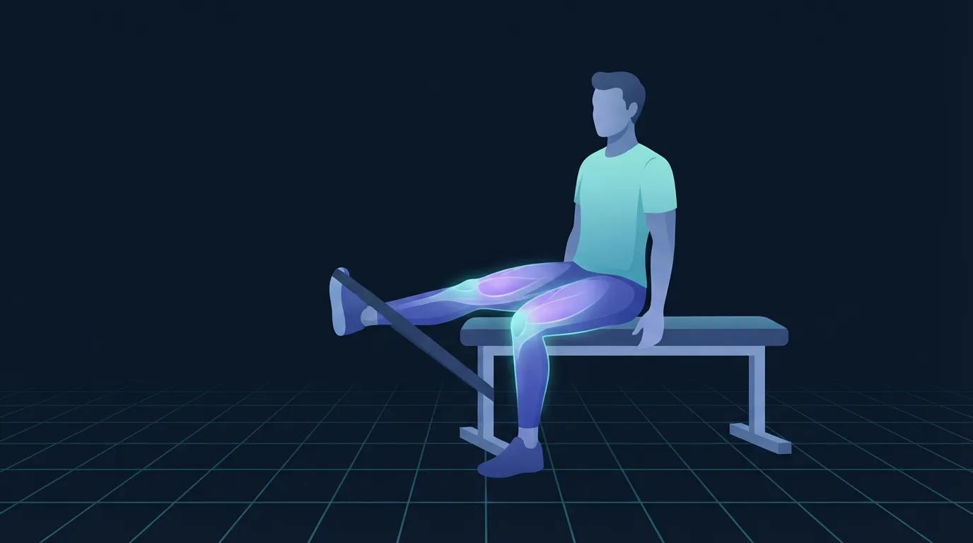 Stylized illustration of an athletic figure performing a seated isometric leg extension against a fixed strap with the quadriceps and patellar tendon highlighted