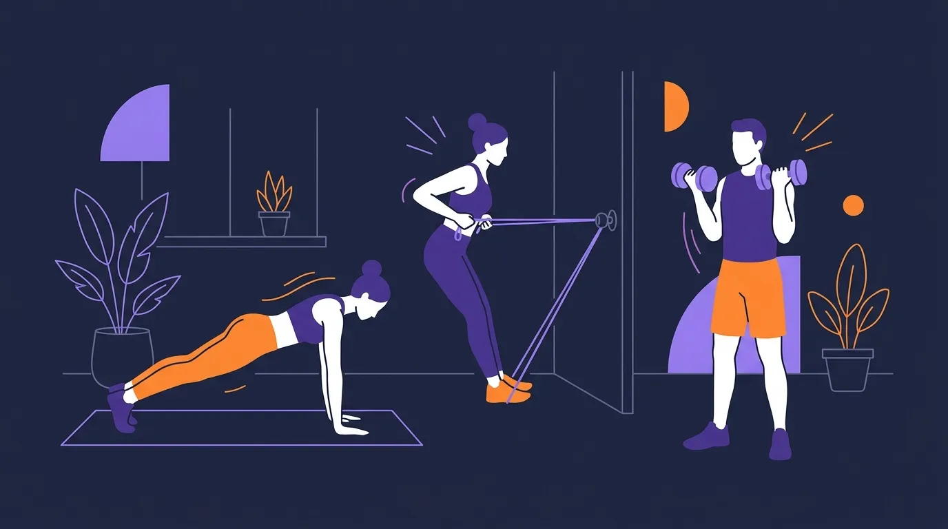 Conceptual illustration of home resistance training with light dumbbells, resistance bands, and bodyweight movements producing muscle growth