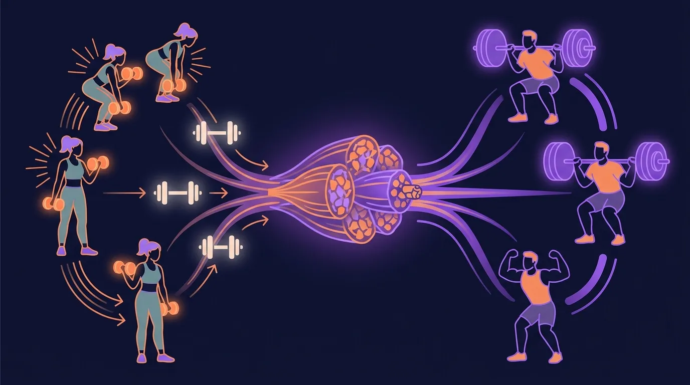 Conceptual illustration showing light weights and heavy weights producing equivalent muscle growth when sets are taken to failure