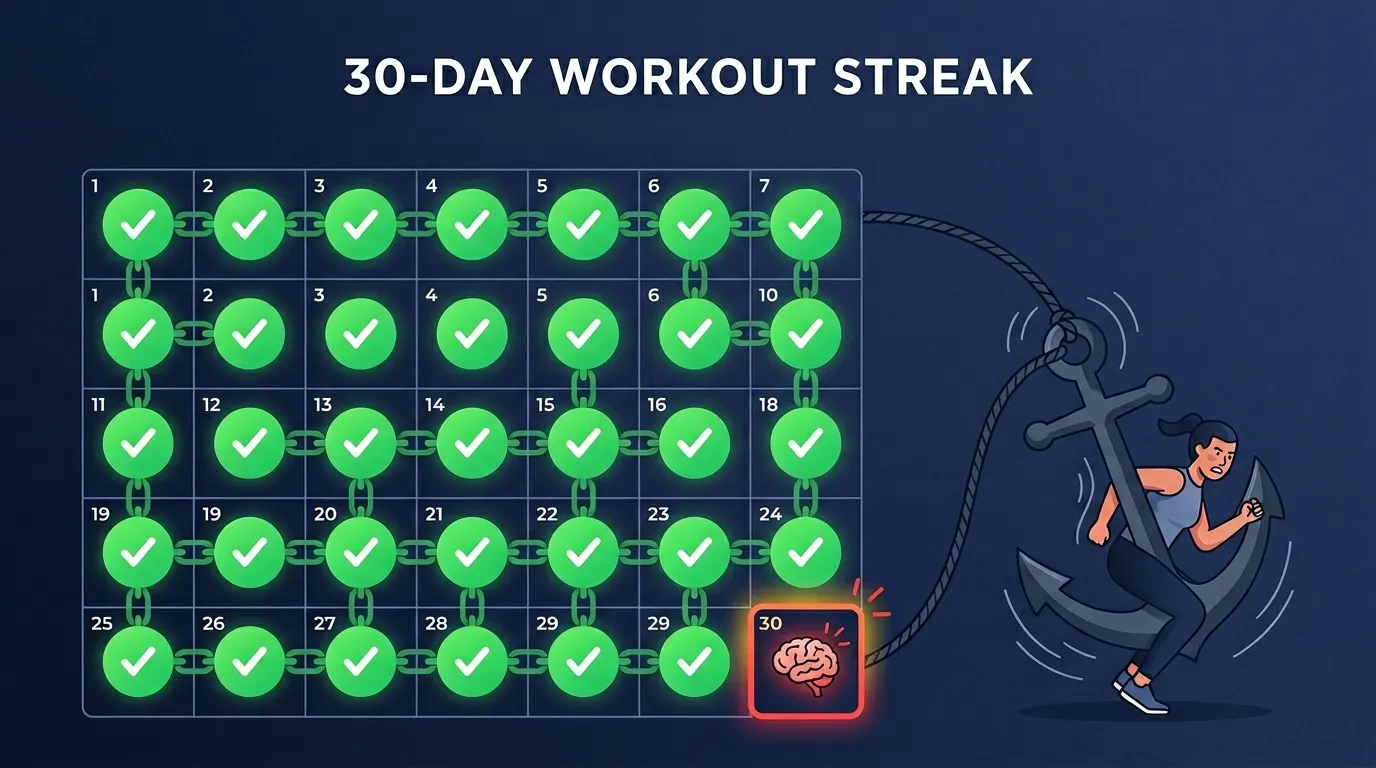 Calendar showing a 30-day workout streak with the psychological cost of breaking the chain illustrated through loss aversion brain activation