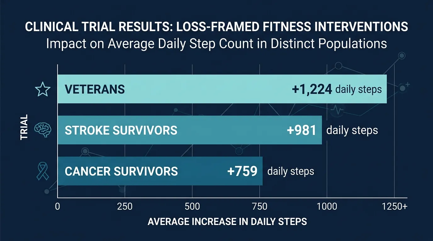 Three clinical trials testing loss-framed fitness interventions showing step increases of 759 in cancer survivors, 981 in stroke survivors, and 1224 in veterans