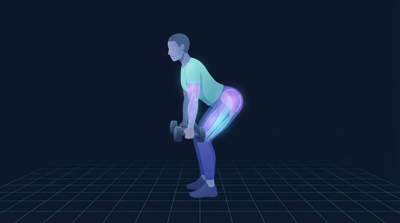 Illustration of a person performing a dumbbell hip hinge in profile with a flat back and hips pushed back, the gluteal muscles and hamstrings glowing