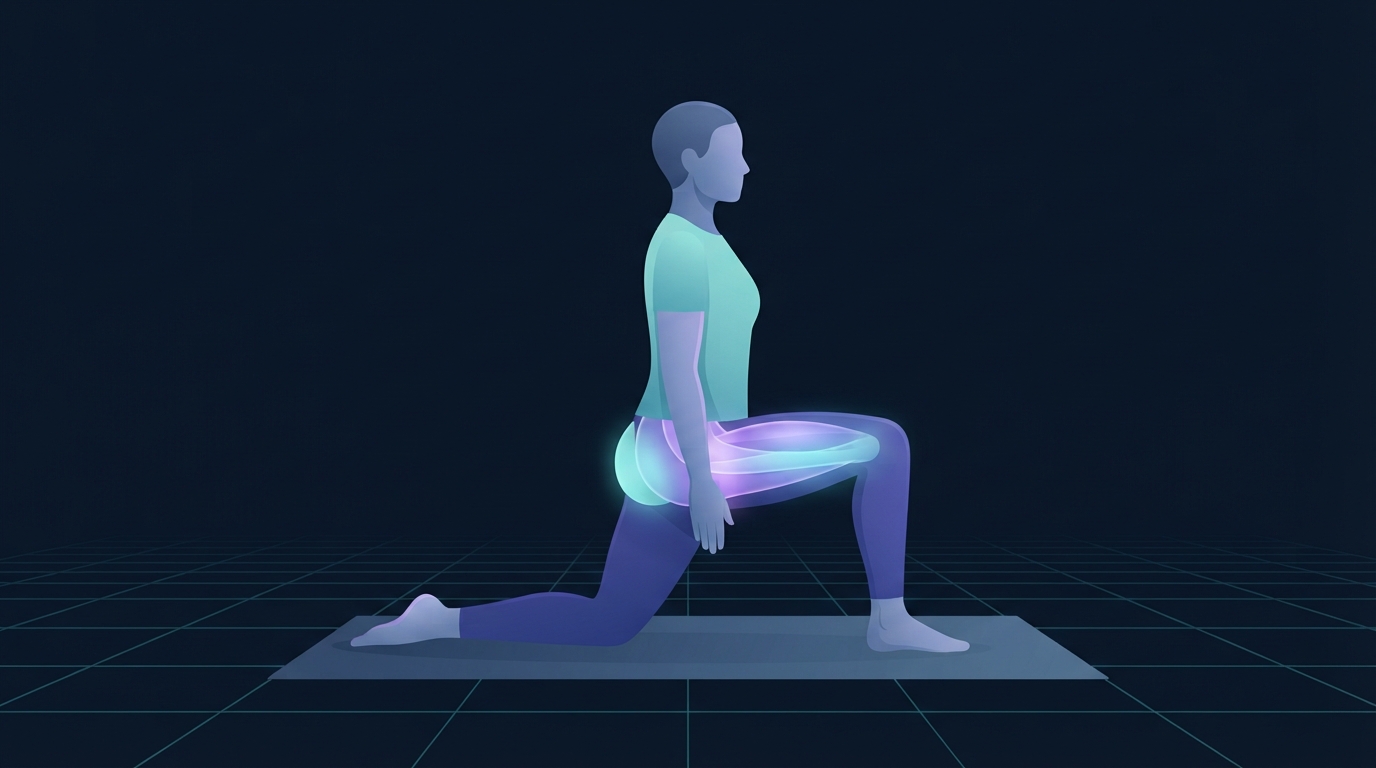 Illustration of a person in a half kneeling lunge stretch on a mat with the front of the kneeling hip glowing and the gluteal muscle on the same side lit in softer cyan