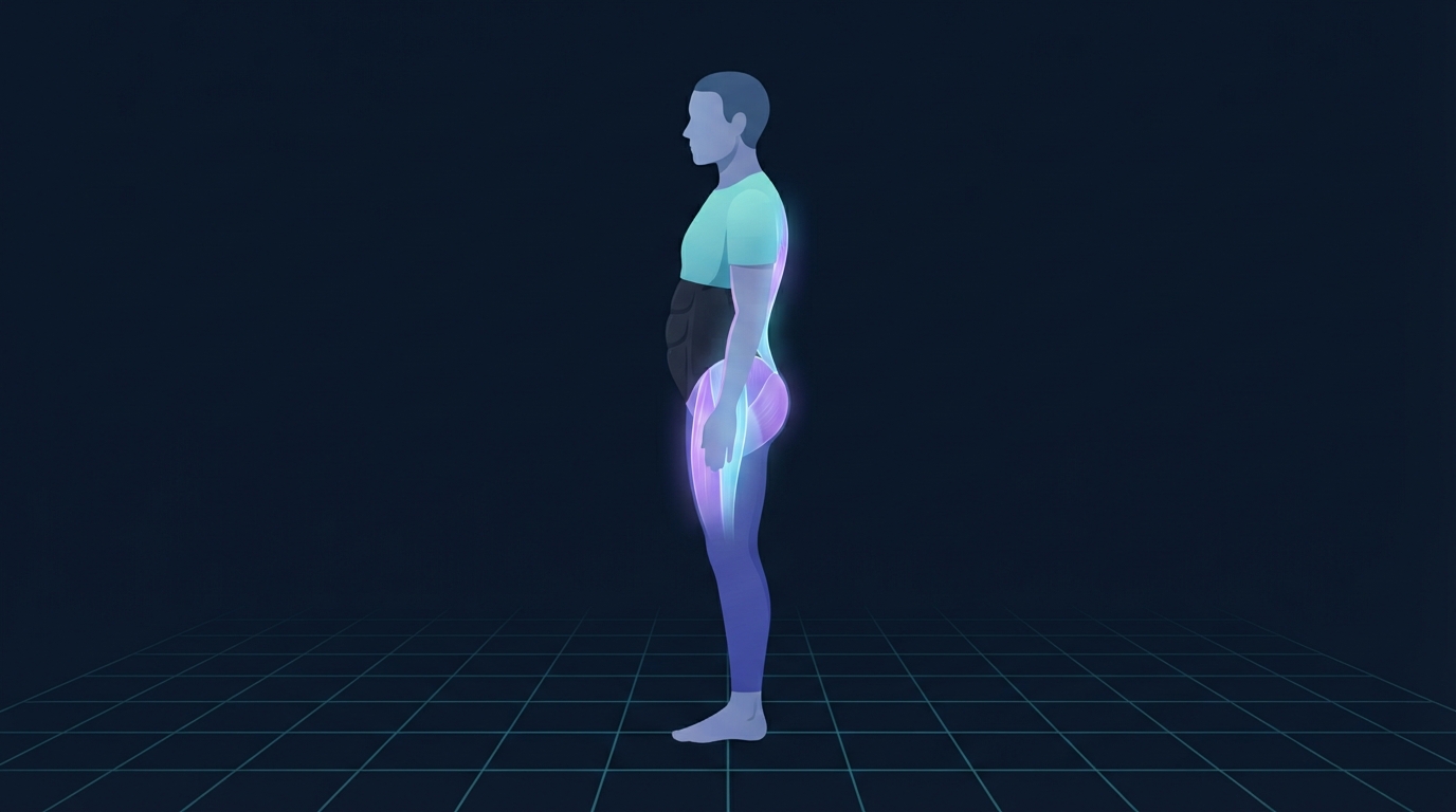 Profile view illustration of a standing adult whose pelvis is tipped forward with the hip flexors and lumbar spinal erectors glowing while the gluteal and abdominal muscles stay dark