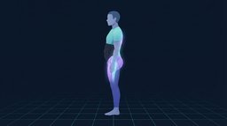 Profile view illustration of a standing adult whose pelvis is tipped forward with the hip flexors and lumbar spinal erectors glowing while the gluteal and abdominal muscles stay dark