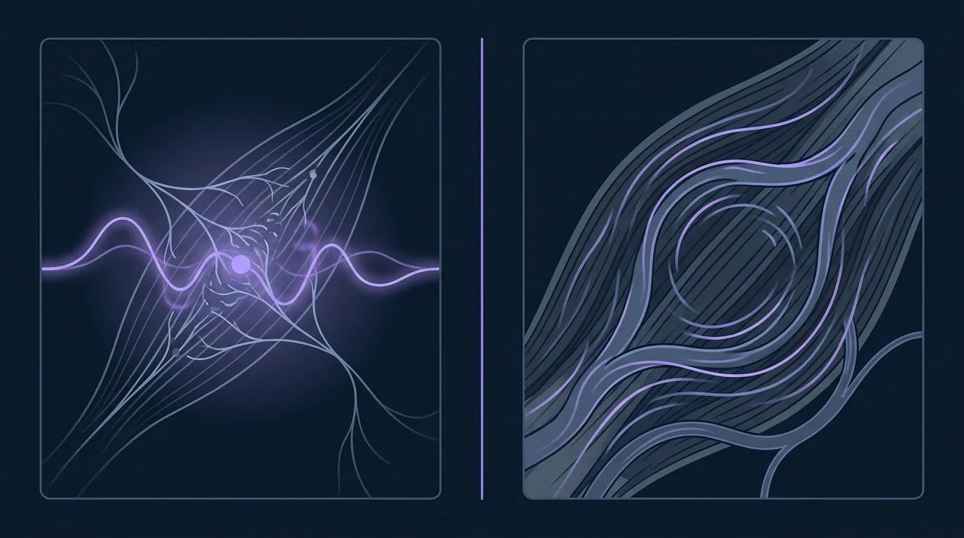Conceptual illustration comparing two mechanisms of percussion massage effect: rapid mechanical vibration causing neural inhibition of muscle tone alongside mechanical fluid movement through soft tissue