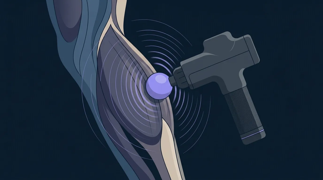 Conceptual illustration of a handheld percussion massage device applying rapid mechanical pulses to a large calf muscle, showing the transfer of vibration into soft tissue