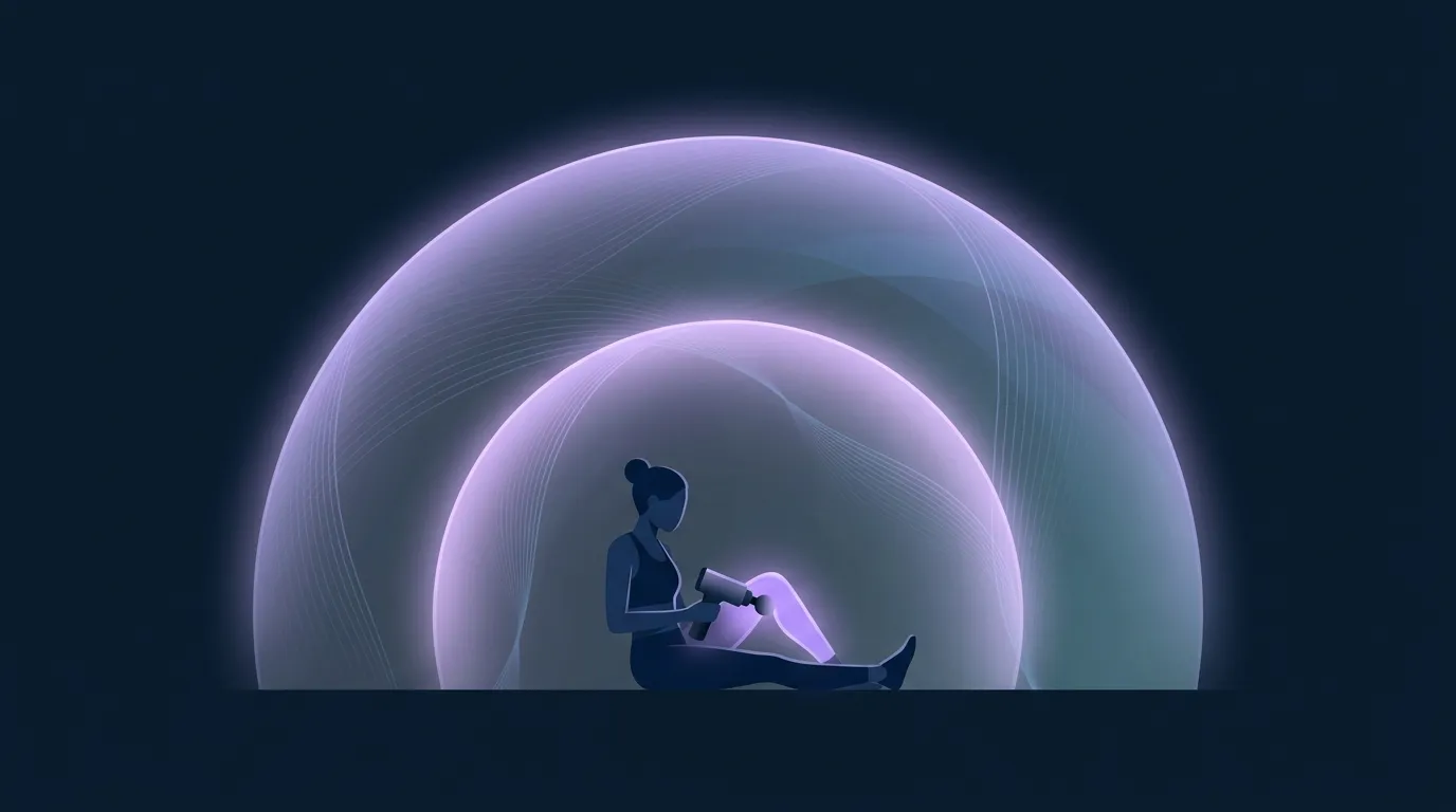 Conceptual illustration of a practical percussion massage protocol showing brief warm-up passes on tight muscles versus longer post-workout sessions on sore muscle groups