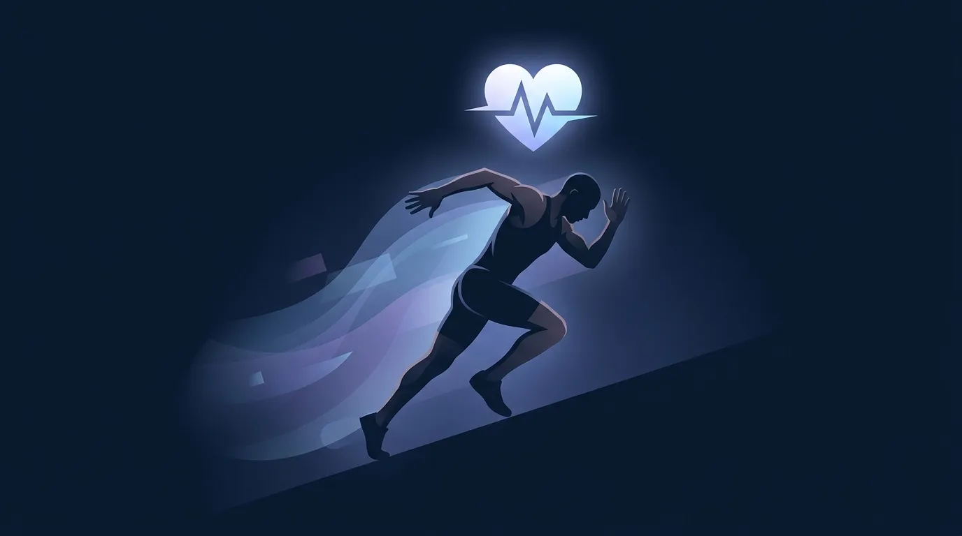 Editorial illustration of a runner climbing a long uphill at peak effort with a heart-rate monitor showing peak BPM, representing the field-test method for finding true max heart rate