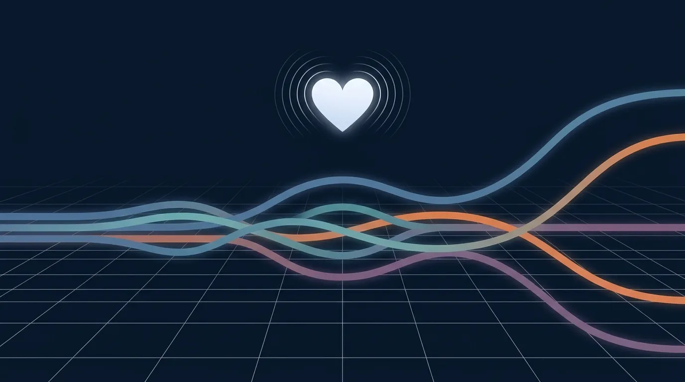 Editorial illustration showing four different max heart rate formula lines plotted against age on a clean grid, representing Fox, Tanaka, Nes, and Gulati equations diverging at older ages