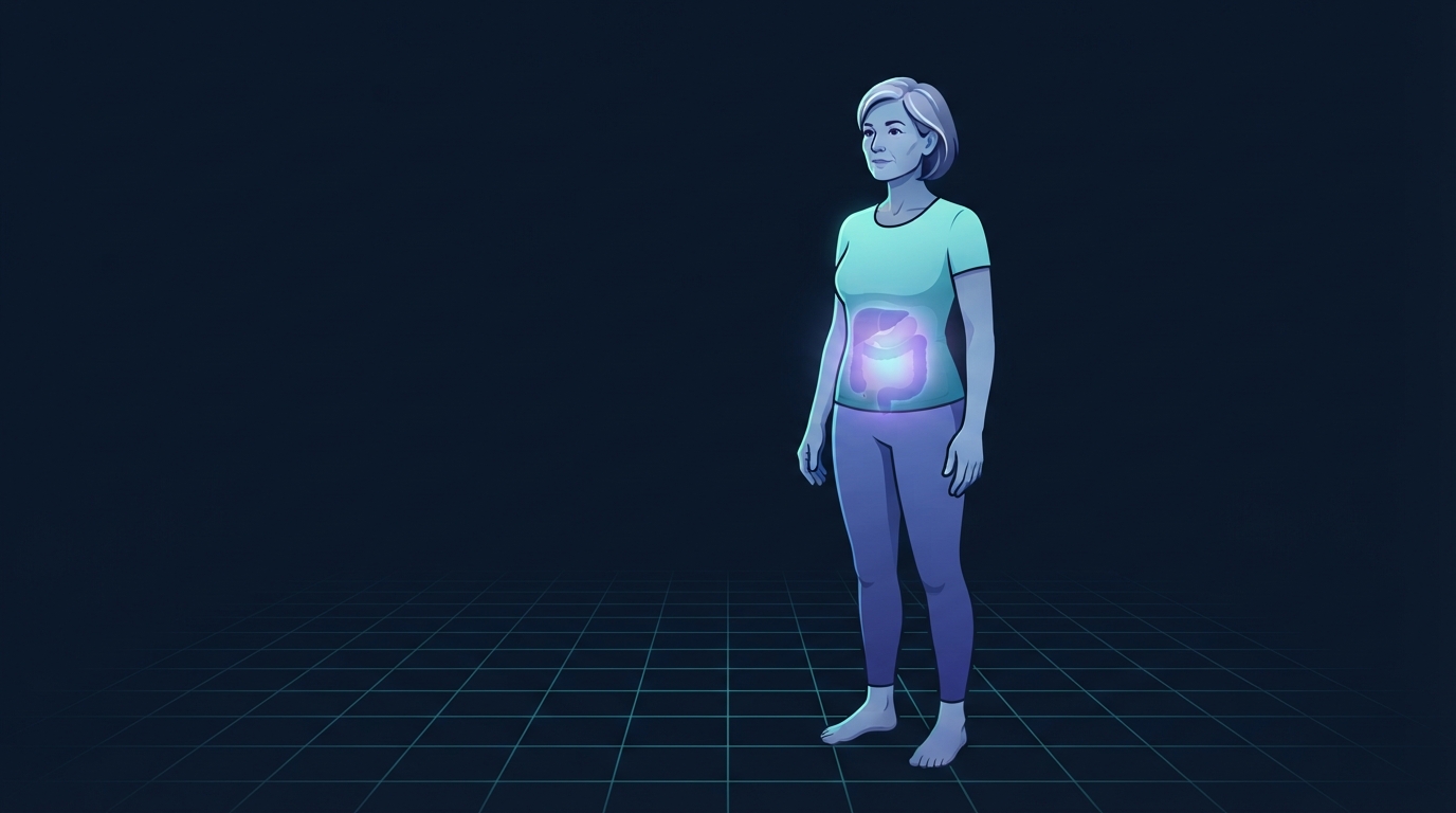Editorial illustration of a woman in her early fifties standing on a teal grid floor with the deep abdominal region glowing, representing visceral fat gain during the menopause transition