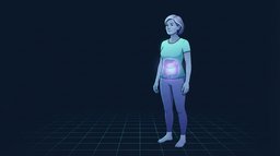 Editorial illustration of a woman in her early fifties standing on a teal grid floor with the deep abdominal region glowing, representing visceral fat gain during the menopause transition