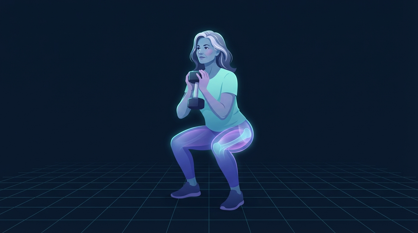 Editorial illustration of a woman in her fifties performing a goblet squat with a dumbbell on a teal grid floor, with the glutes and thighs glowing as the working muscle groups