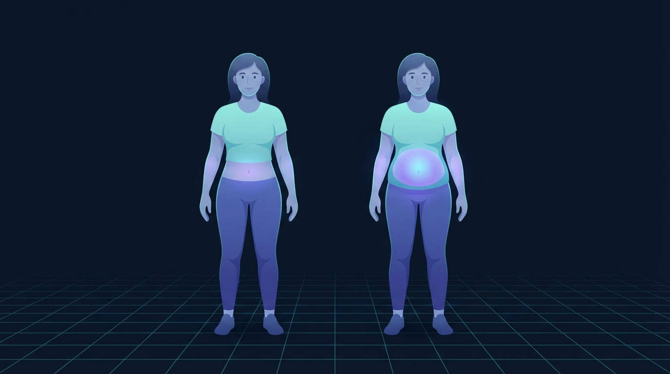 Editorial illustration comparing the same woman before and during the menopause transition, with the deep abdominal region glowing brighter on the right figure