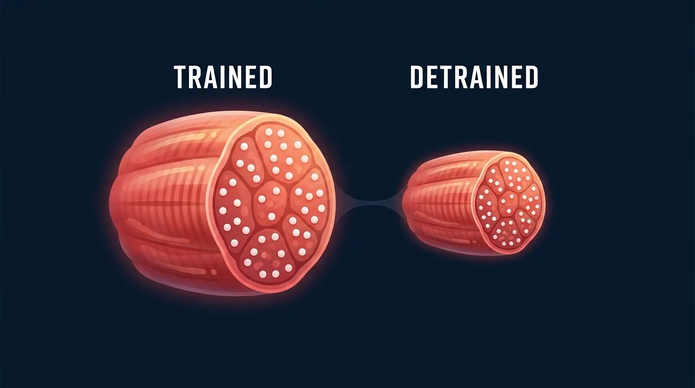 Conceptual illustration of skeletal muscle fibers showing retained myonuclei after a period of detraining shrinks fiber size