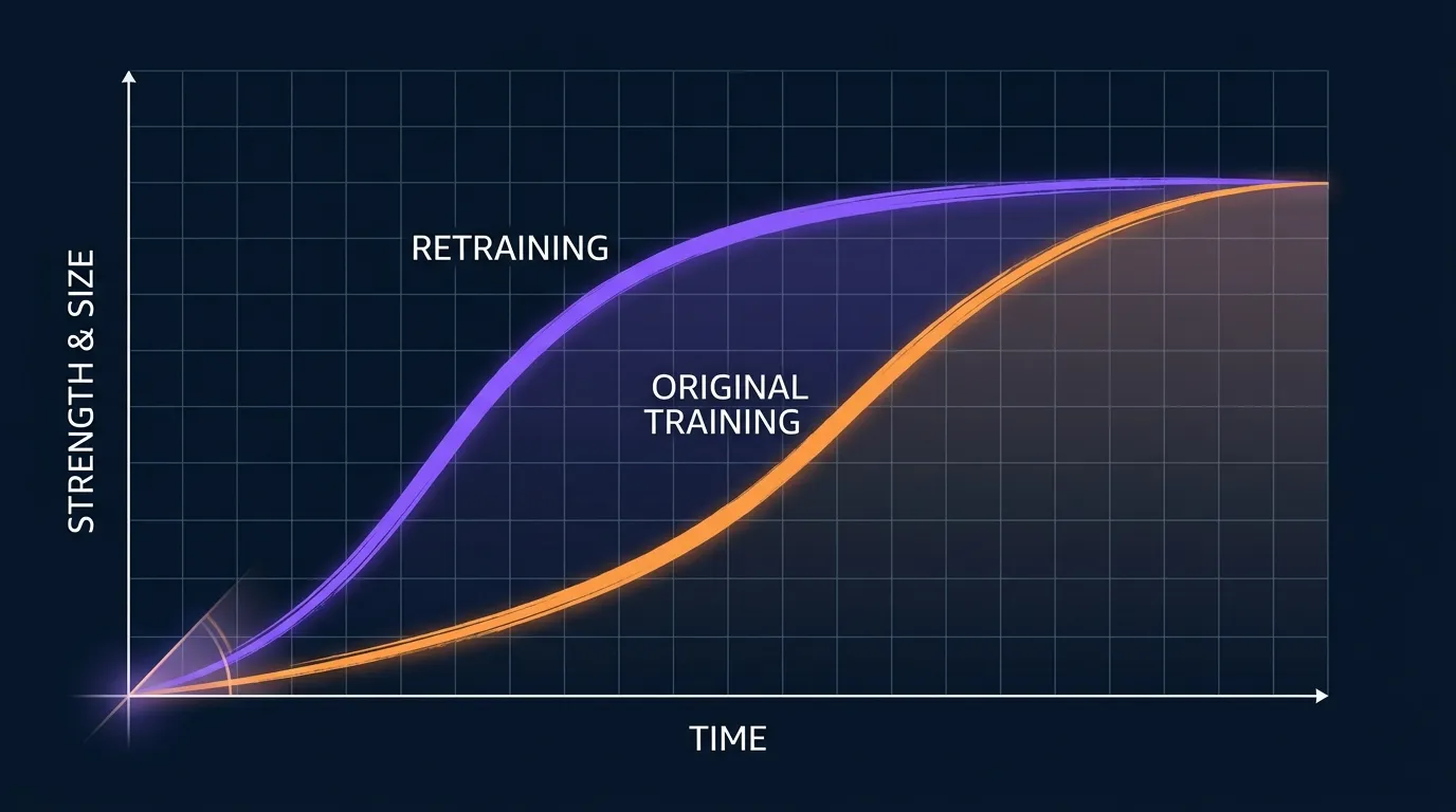 Conceptual graph contrasting a slow initial training adaptation curve with a steeper retraining curve showing faster recovery of strength and size after detraining