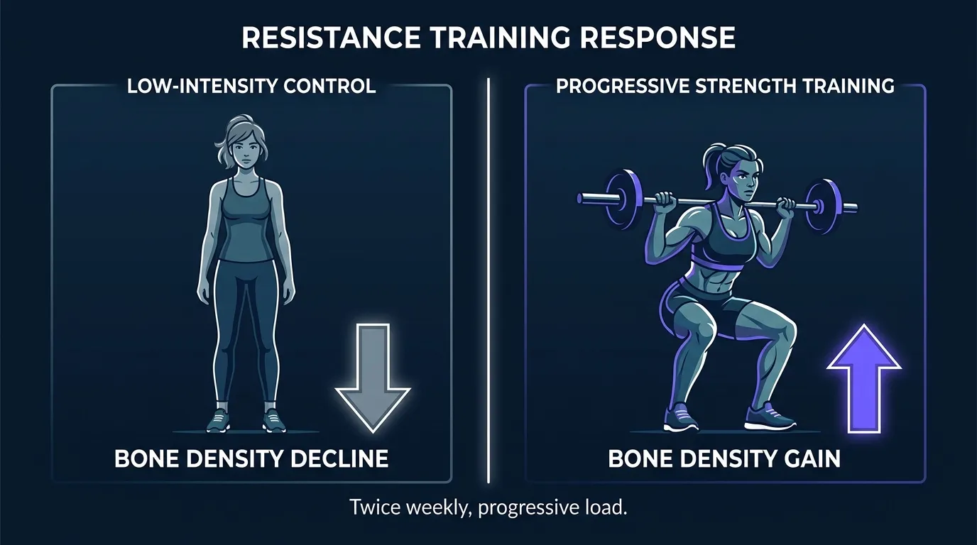 Concept illustration showing progressive resistance training in postmenopausal women producing gains in lumbar spine bone density and functional strength