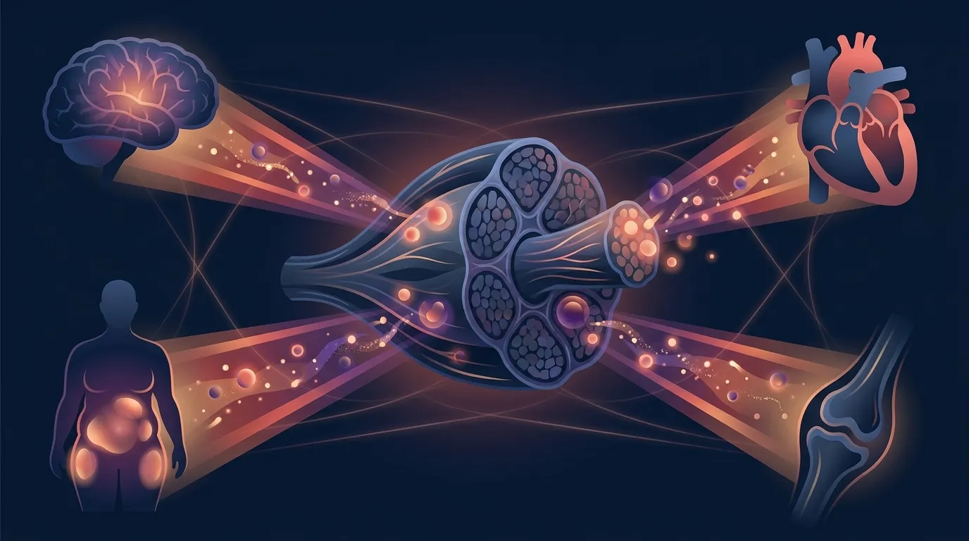 Conceptual illustration of skeletal muscle as an endocrine organ releasing signaling molecules called myokines that travel to the brain, adipose tissue, bones, and liver during exercise