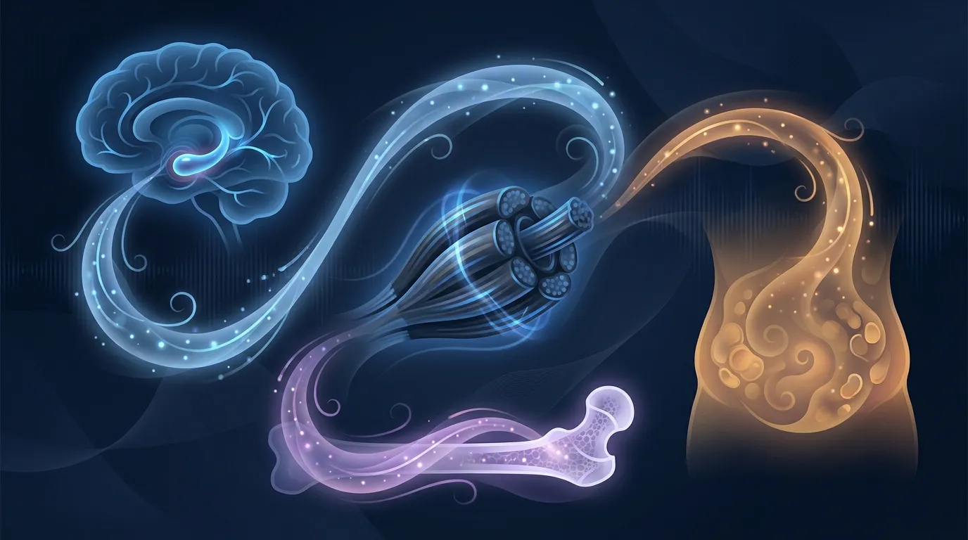 Concept illustration showing muscle contraction releasing IL-6, irisin, and BDNF-related signals traveling to visceral adipose tissue, hippocampus, and other organs during exercise