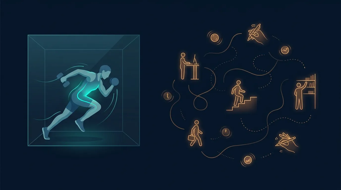 Conceptual illustration comparing how NEAT and formal exercise contribute to total daily energy expenditure showing NEAT as the larger more variable component