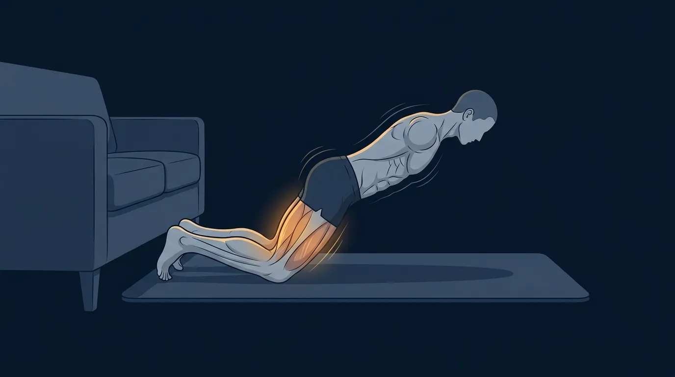 Illustration of an athlete performing a Nordic hamstring curl on a mat with heels anchored, lowering the torso toward the floor under eccentric control