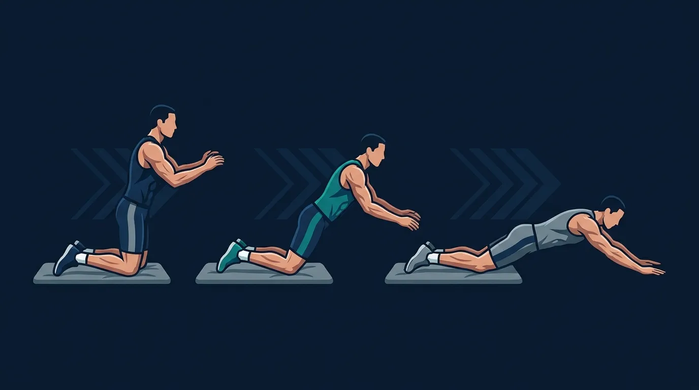 Illustration of a Nordic hamstring curl progression showing a beginner performing a short-range eccentric and an advanced athlete lowering nearly to the floor under control