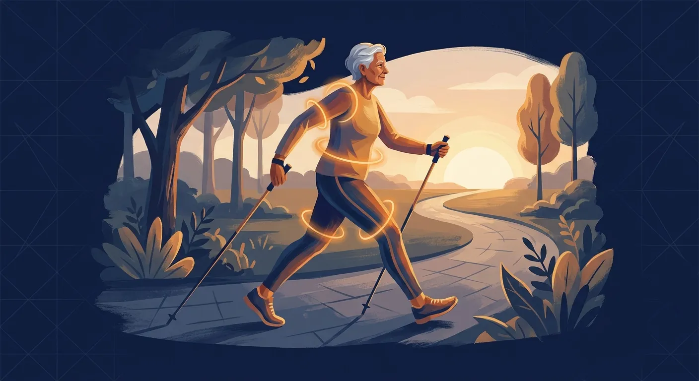 Concept illustration of an older adult performing Nordic walking outdoors, showing balanced full-body engagement across arms, trunk, and legs
