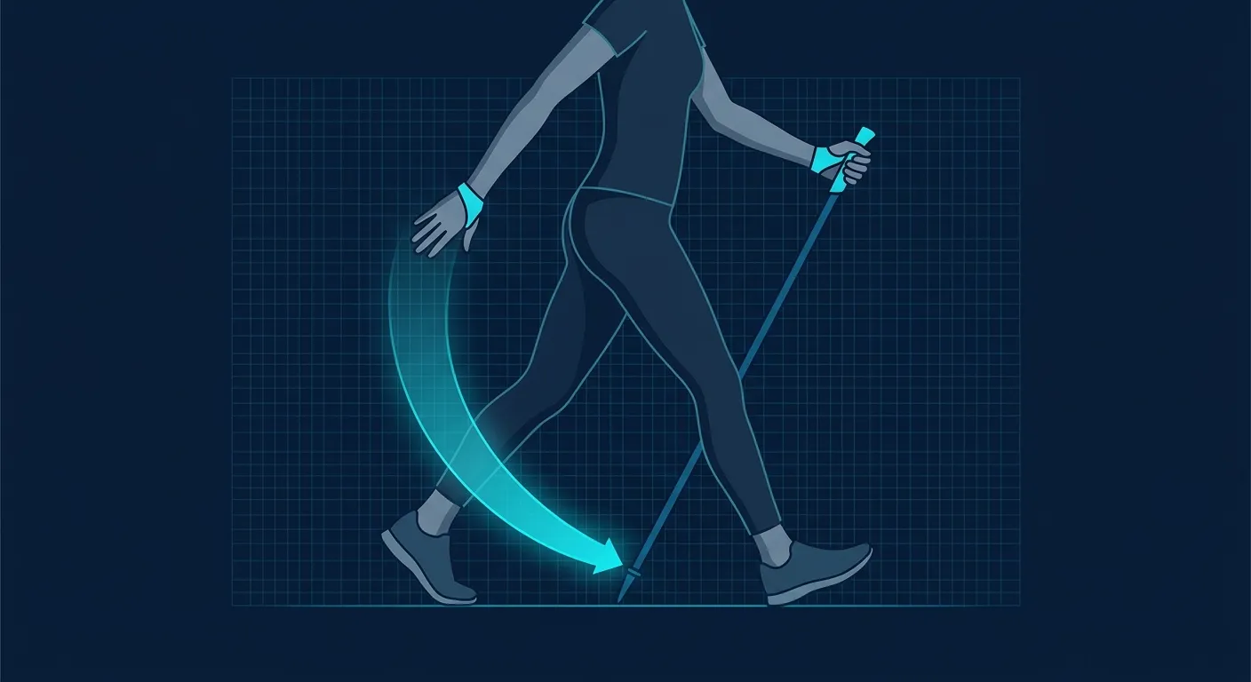 Concept illustration showing correct Nordic walking pole plant angled backward next to the opposite foot, with the arm pushing the pole behind the hip
