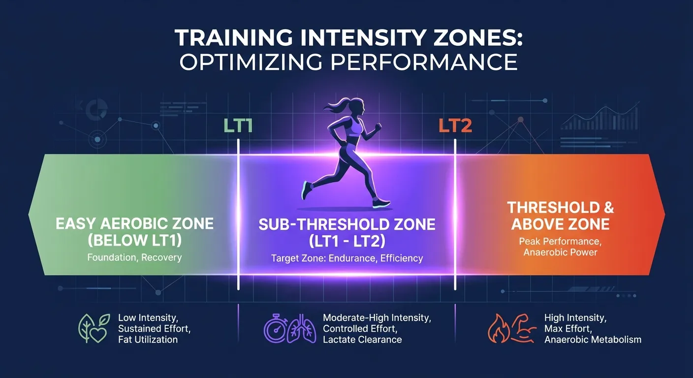 Conceptual illustration of the three-zone training intensity model showing the sub-threshold zone between the first and second lactate thresholds where Norwegian Singles sessions live