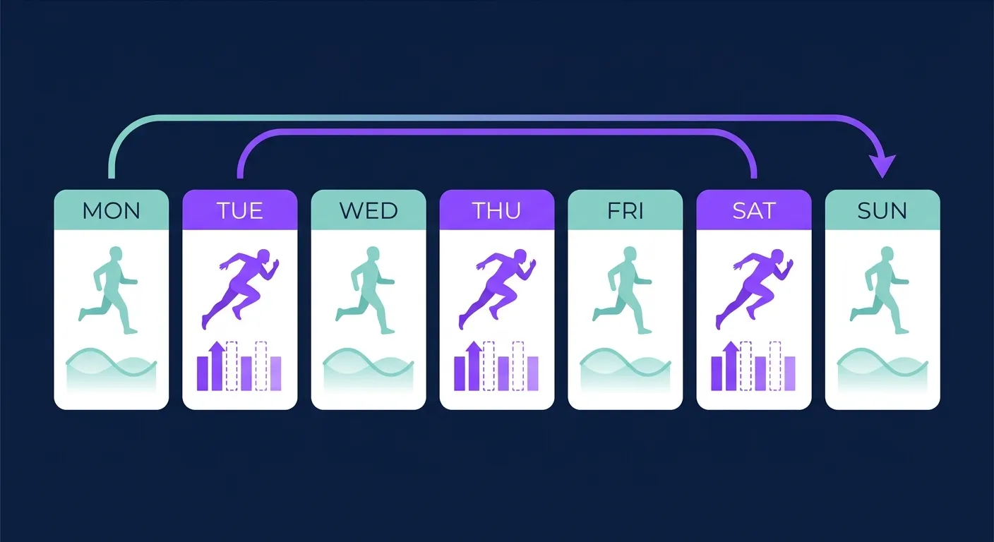 Conceptual illustration comparing the Norwegian Singles Method training pattern against traditional weekly running structures, showing alternating sub-threshold and easy days