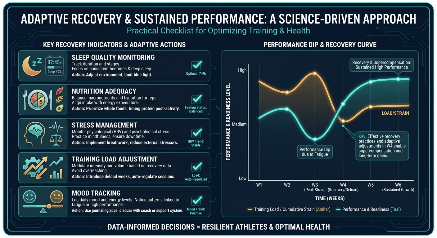 Practical recovery checklist infographic showing sleep quality monitoring, nutrition adequacy, stress management, training load adjustment, and mood tracking with performance recovery curve