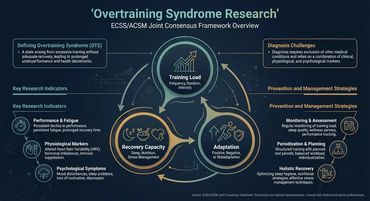 Infographic overview of overtraining syndrome research showing the ECSS/ACSM joint consensus framework for training load, recovery capacity, and adaptation