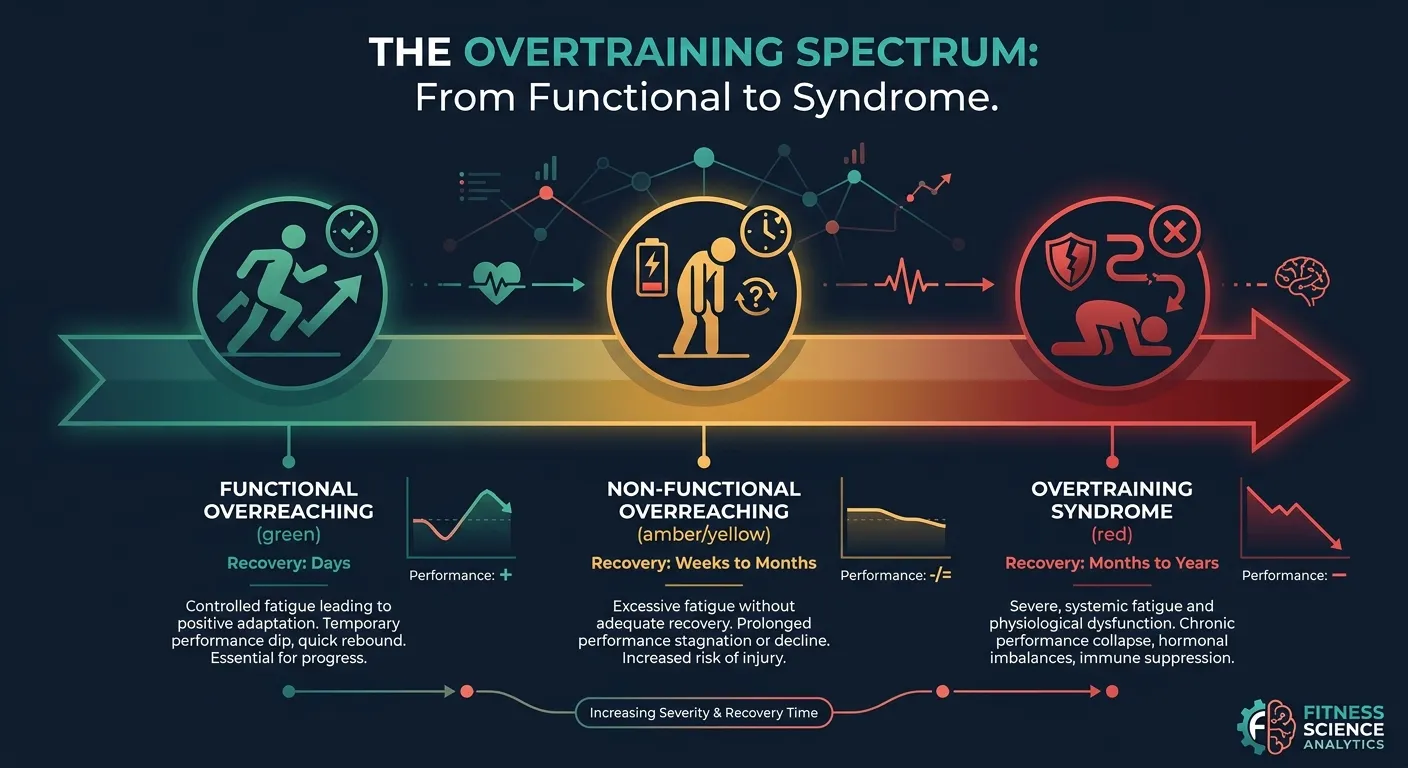 Diagram of the overtraining spectrum showing three stages: functional overreaching (days to recover), non-functional overreaching (weeks to months), and overtraining syndrome (months to years)