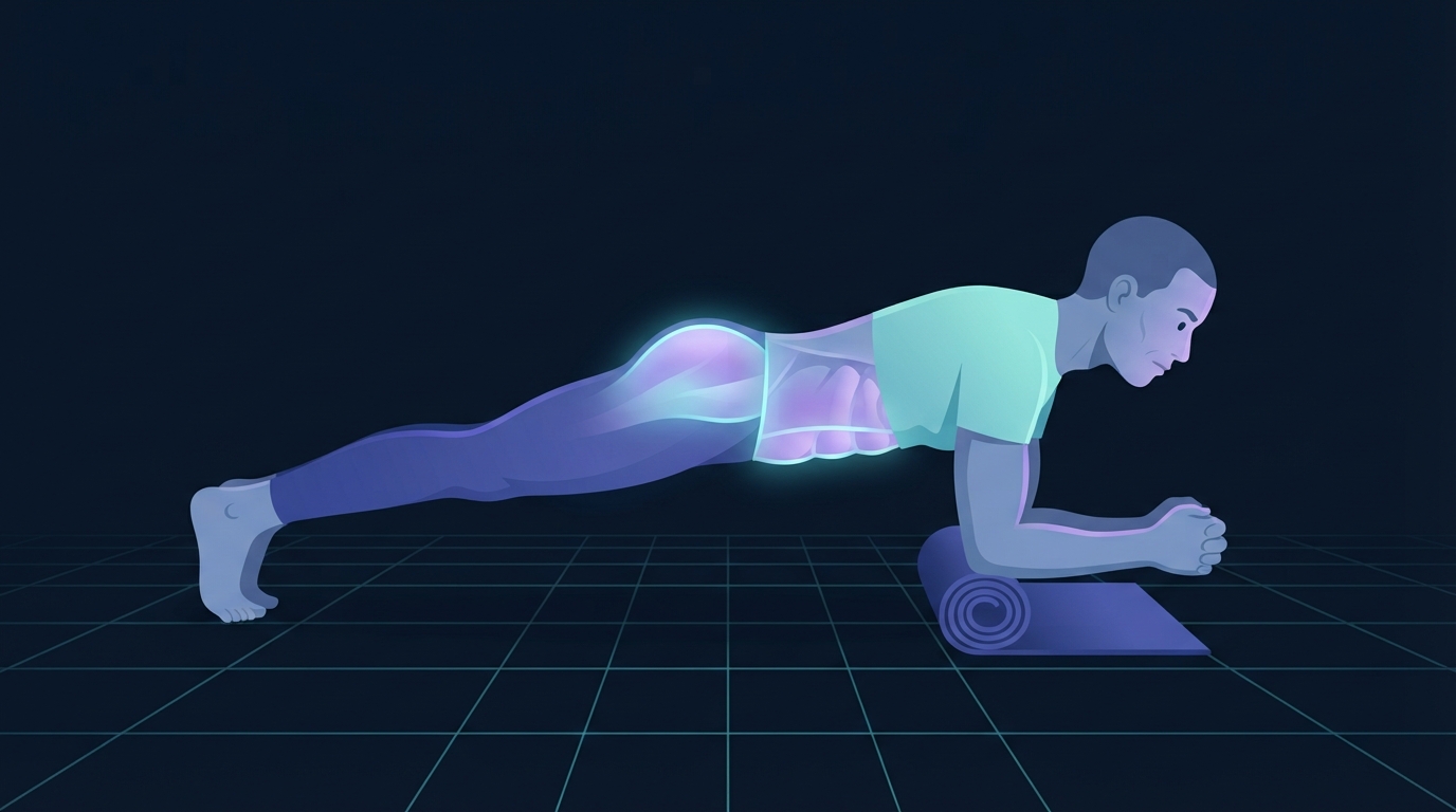 Stylized illustration of a person holding a forearm plank in a straight line from head to heels, with the deep abdominal wall and glutes glowing