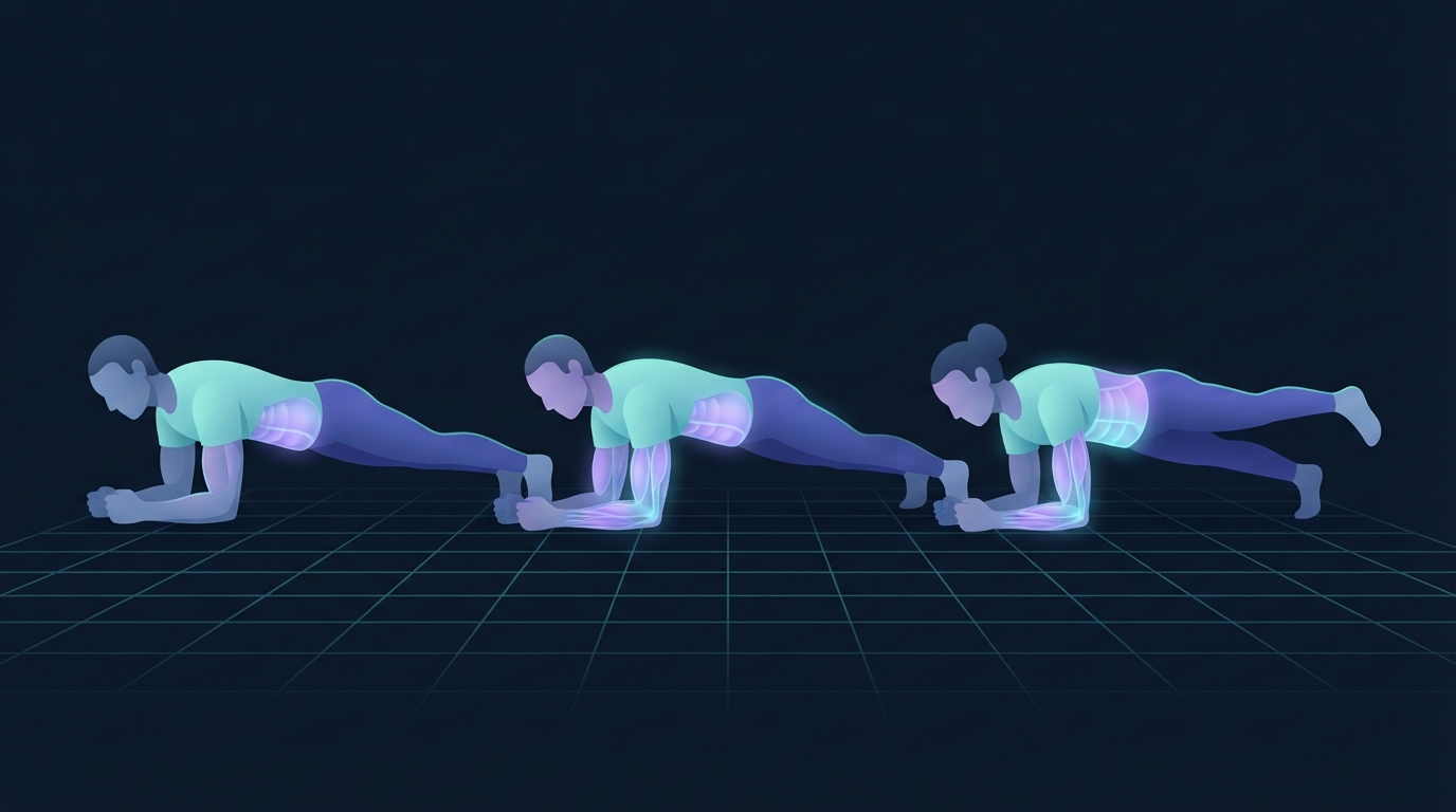 Stylized illustration of three people holding a standard forearm plank, a long-lever plank and a single-leg plank on a receding grid floor, with the abdominal wall glowing more intensely in each