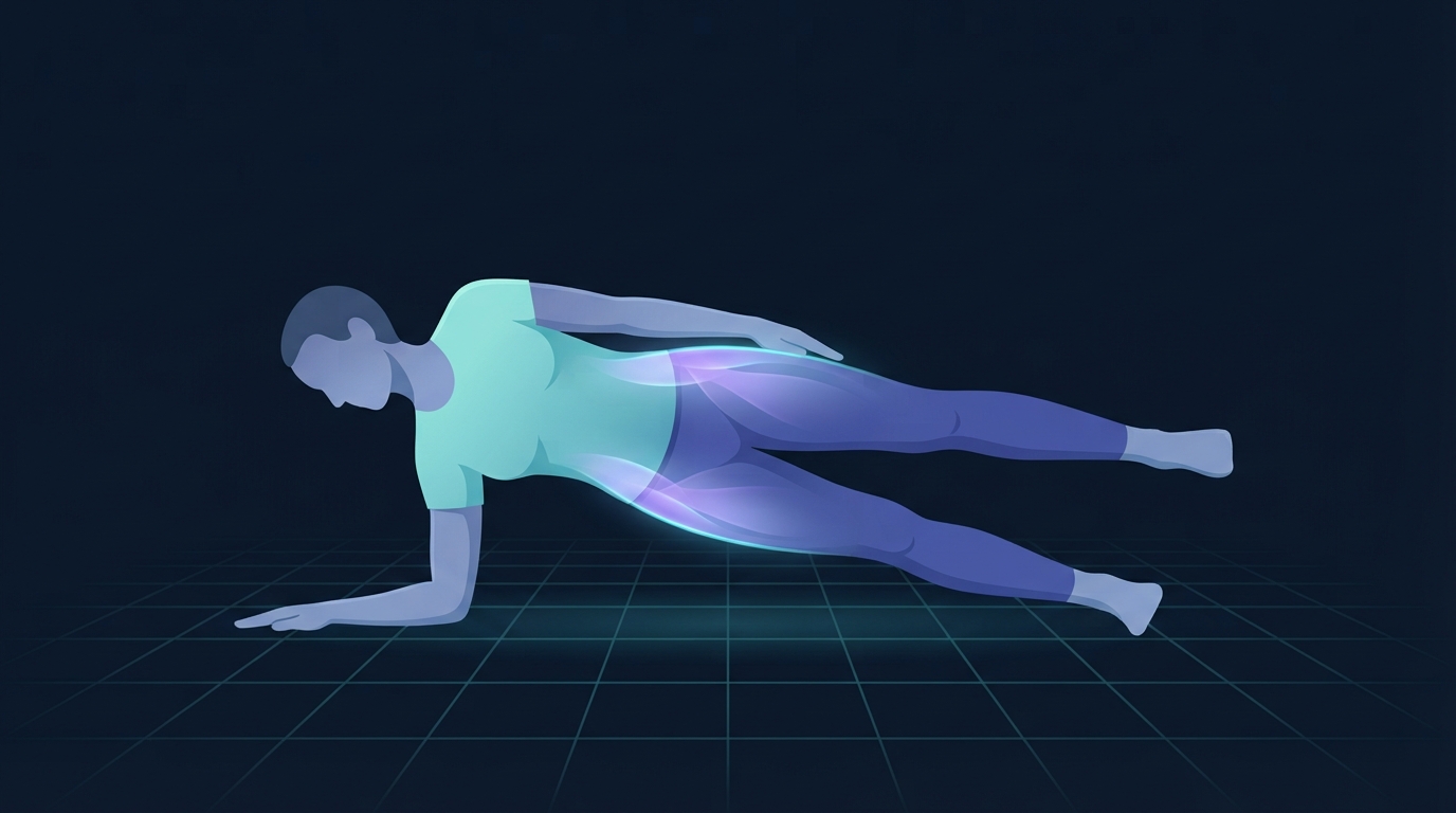 Stylized illustration of a person holding a side plank on one forearm with the top leg lifted, with the gluteus medius and oblique muscles glowing