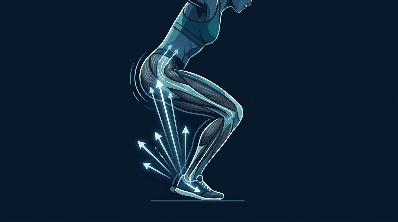 Abstract conceptual illustration of jump-landing mechanics showing hip-knee-ankle alignment during the deceleration phase of a countermovement jump with no specific numbers or labels