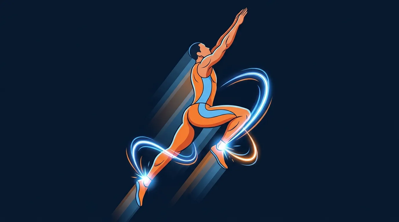 Conceptual illustration of an athlete mid-flight during a countermovement jump with stylized indicators of the stretch-shortening cycle storing and releasing elastic energy in the tendons