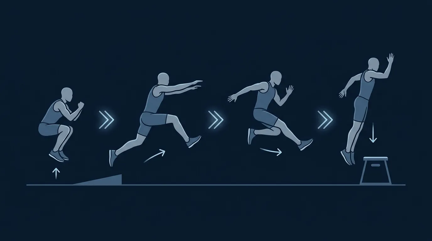 Abstract conceptual illustration of a 12-week plyometric programming progression from bilateral jumps to single-leg and depth jumps with no specific numbers or text labels