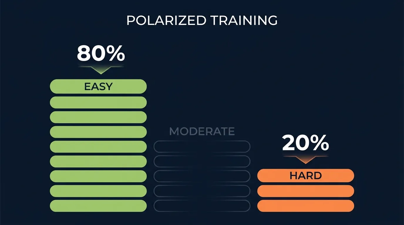 Editorial illustration showing two stacks of training sessions, a tall stack of easy aerobic sessions on one side and a short stack of hard interval sessions on the other side, with an empty middle representing the polarized 80/20 training distribution