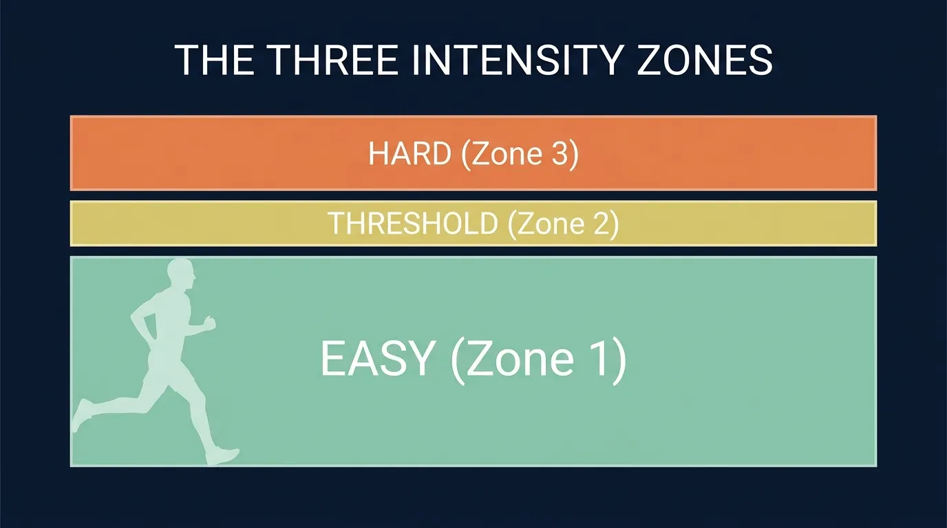 Editorial illustration of three intensity zones, easy aerobic on the left, moderate threshold in the middle, hard interval on the right, with a runner spending most time in the easy zone and a small block in the hard zone