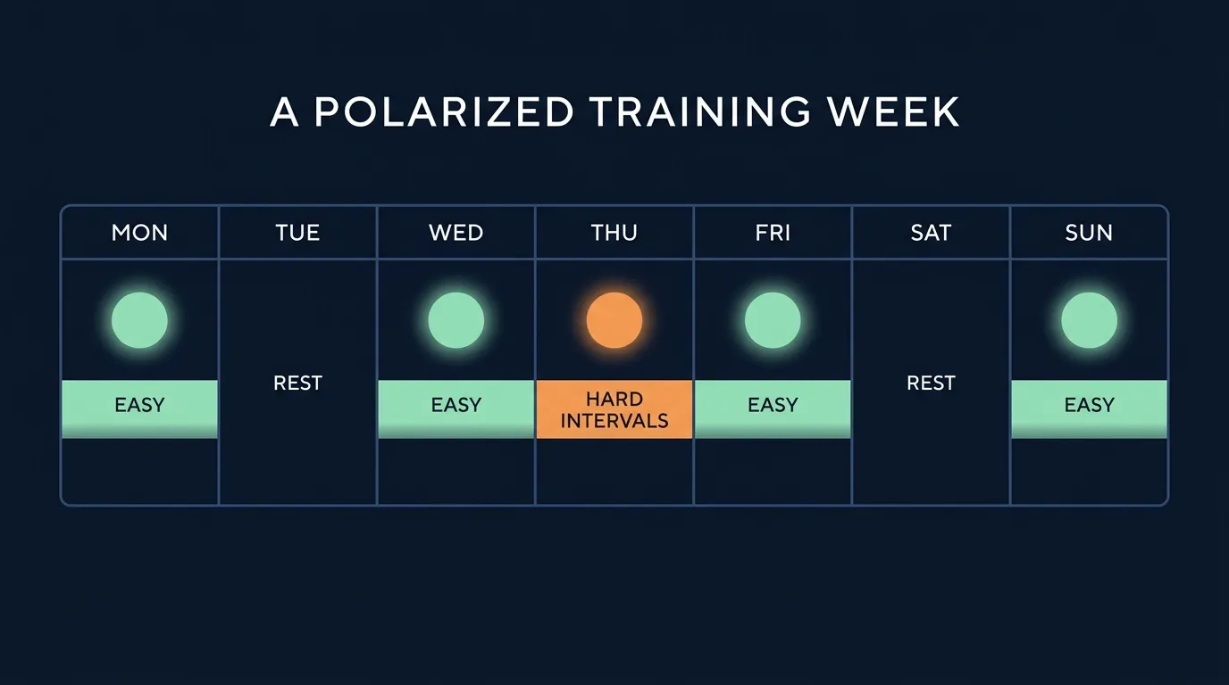 Editorial illustration of a weekly training calendar showing four easy aerobic sessions and one harder interval session, representing a practical polarized training week for a recreational athlete