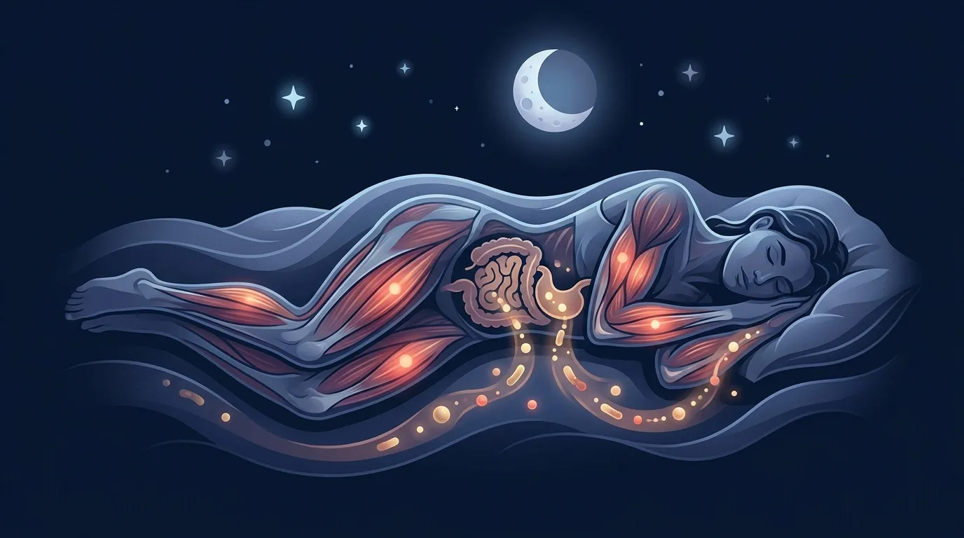 Illustration showing slow overnight release of casein amino acids supporting muscle protein synthesis during sleep