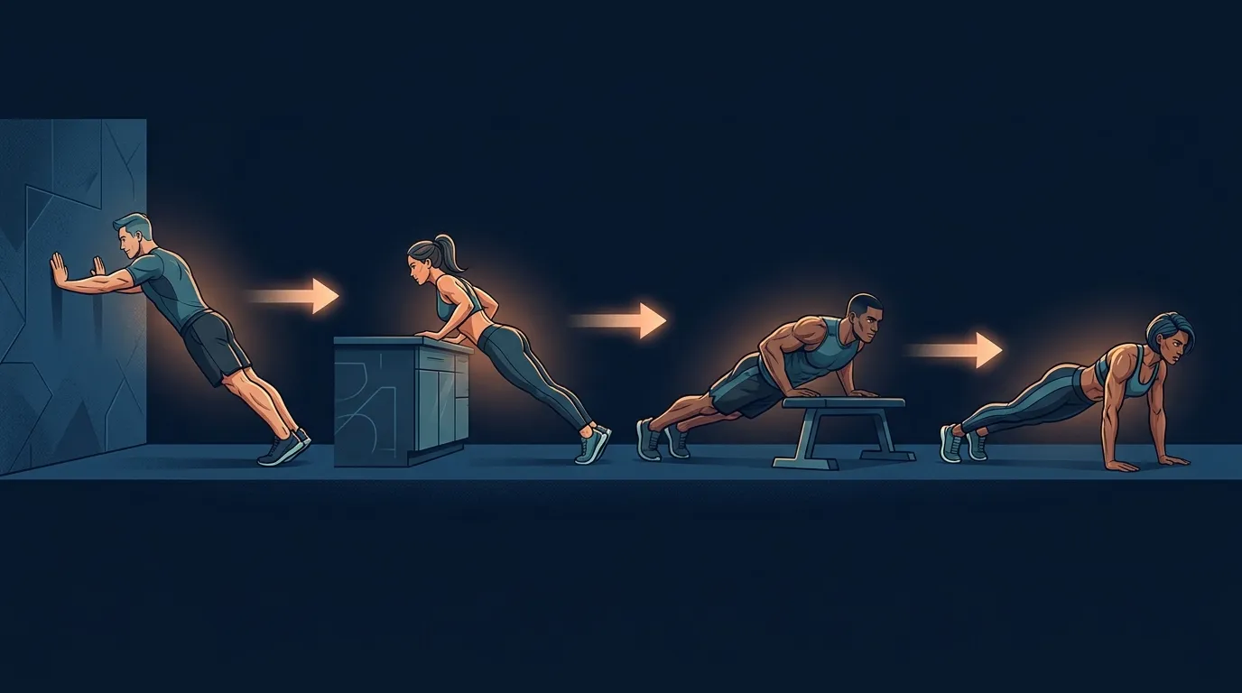 Illustration of four figures showing the push-up progression from wall to countertop to bench to floor, with arrows indicating the strength-building sequence
